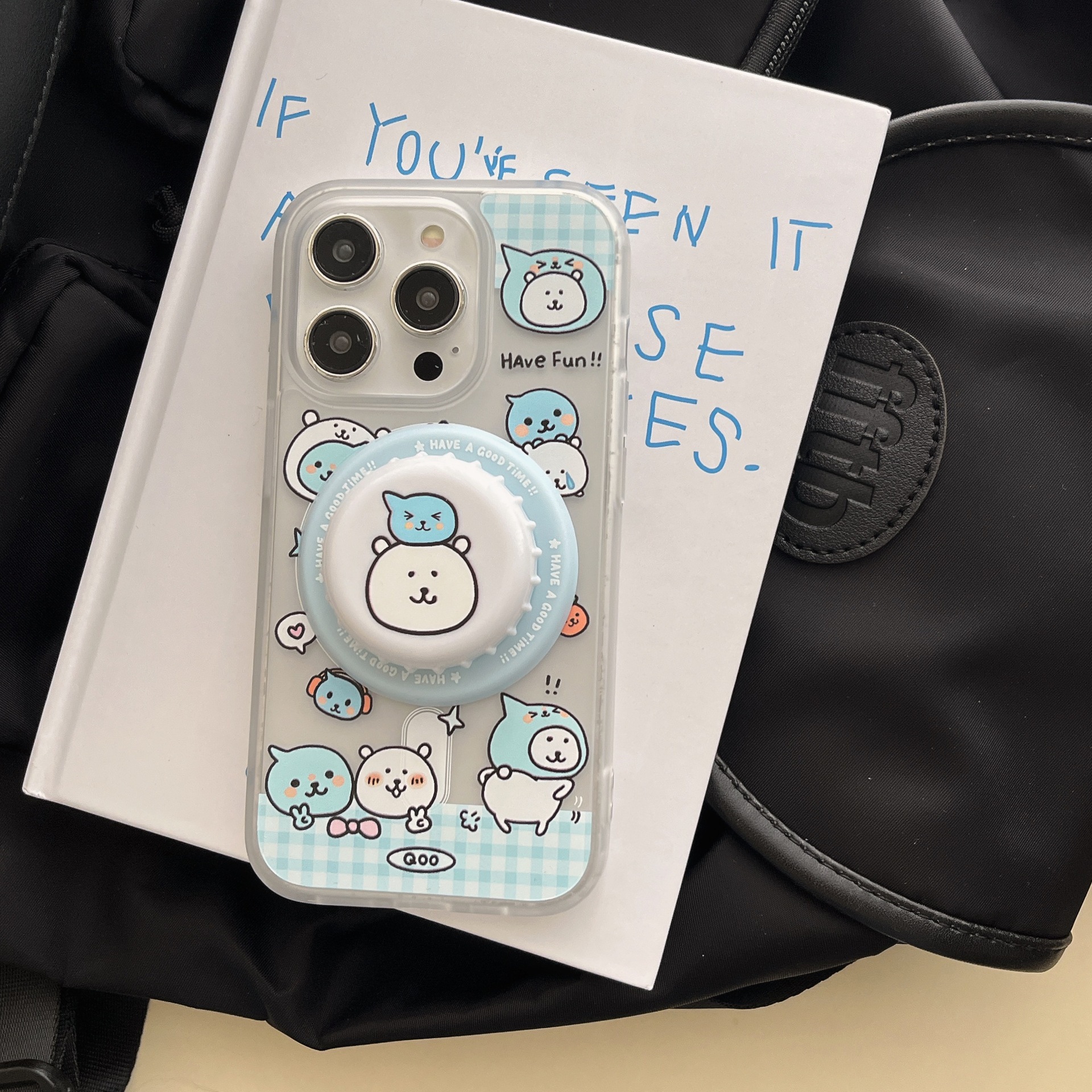 Divertido y lindo oso soporte de tapa de botella magnético para iphone16ProMax funda para teléfono móvil Apple 15 14 sensación de piel