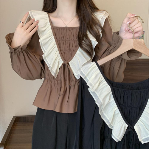 2025 Plus Size Women's French Pleat Long-Sleeve Shirt Autumn New Fat Hiding Stomach Slimming Top Women's Upper Garment