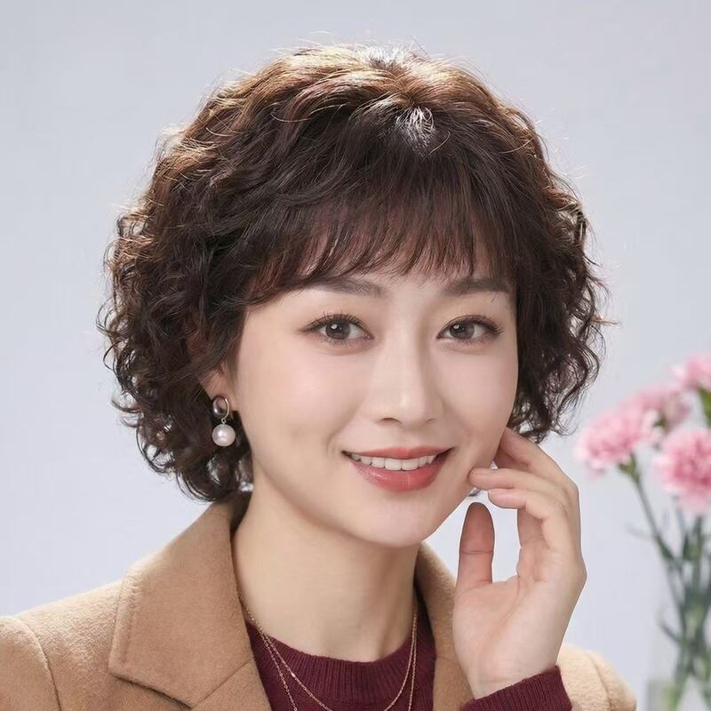 Wig Made of Real Human Hair, Short Curly Hair for Middle-Aged and Elderly Women, Full Head Wig for Mothers, Natural Real Hair for Ladies Wig Made of Real Human Hair, Short Curly Hair for Middle-Aged and Elderly Women, Full Head Wig for Mothers, Natural Real Hair for Ladies