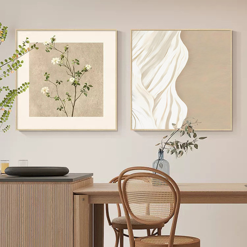 Cream Wind Living Room Decorative Painting, Japanese Original Wood Style Green Plant Sofa Background Wall Hanging Abstract Art Restaurant Mural