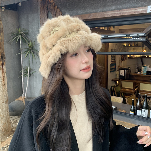 Rabbit fur hat for women winter cute furry Internet celebrity fur autumn and winter thickened plush warm wool knitted hat