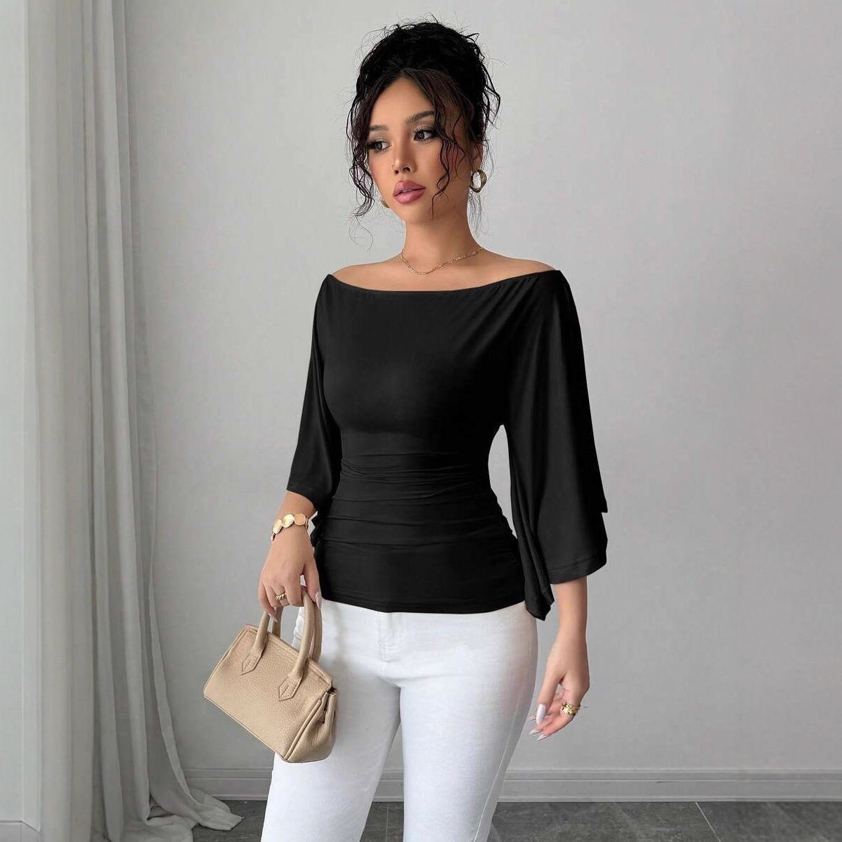 2025 Spring and Autumn Cross-Border Amazon Women's Elegant Solid Color T-Shirt Bell Sleeve High Elastic Slim One Shoulder