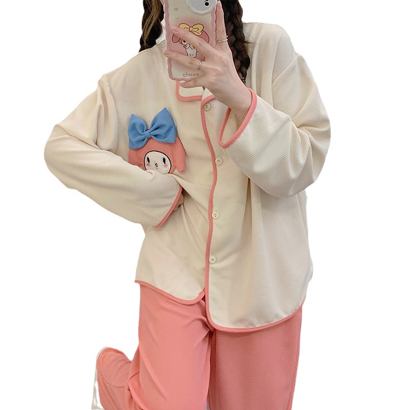 Simple chica pijamas de las mujeres peinado waffle algodón manga larga Otoño e Invierno pequeño solapa cardigan lindo casual Home wear Set