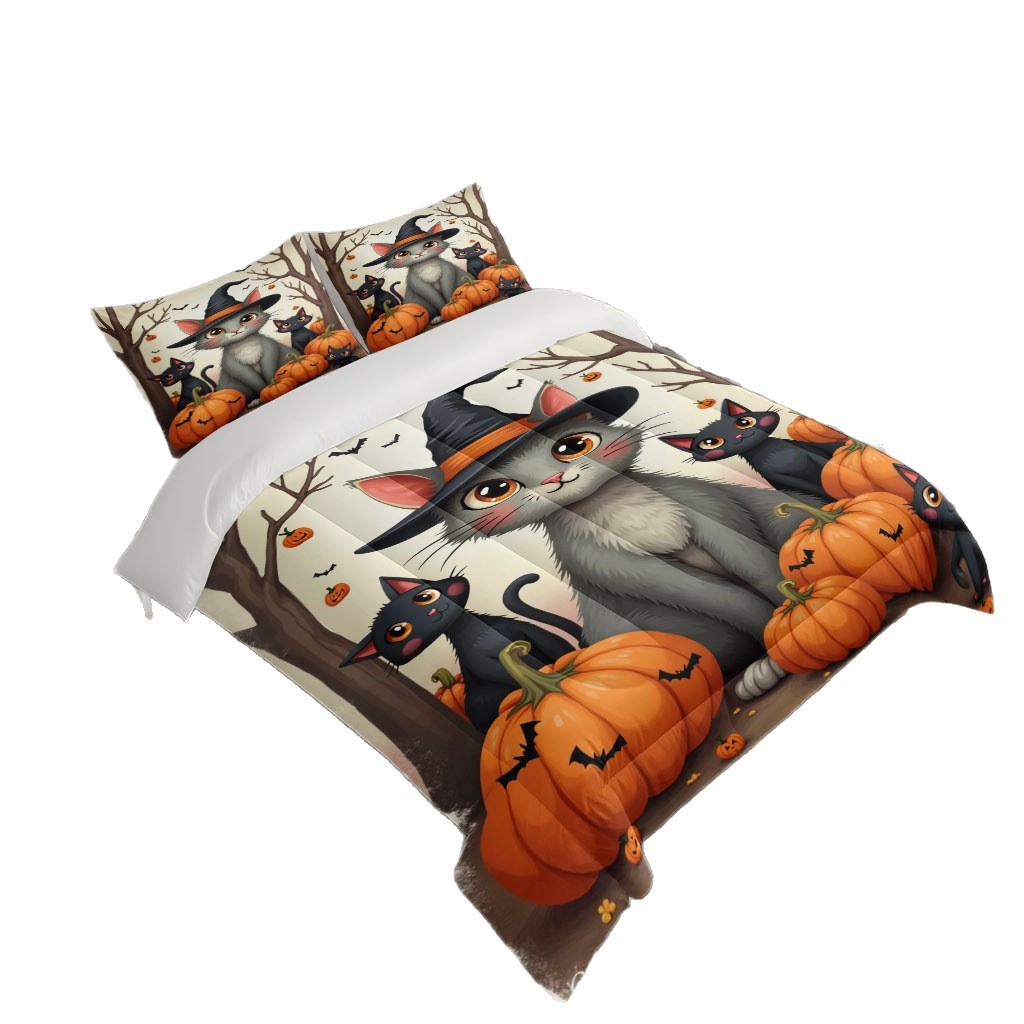 TEMU / JIT transfronterizo Halloween 3D impresión digital 180gms colcha colcha almohada conjunto de dibujo se puede ajustar