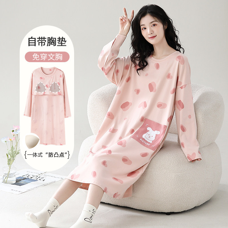 Women's nightgown with chest pads, pure cotton, spring and autumn long-sleeve, rabbit-themed home wear for women, sweet dress pajamas for pregnant women