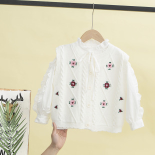 2024 New Girls' Cardigan Vest Vest Spring and Autumn Cute Sweater Embroidered Flower Sleeveless Top
