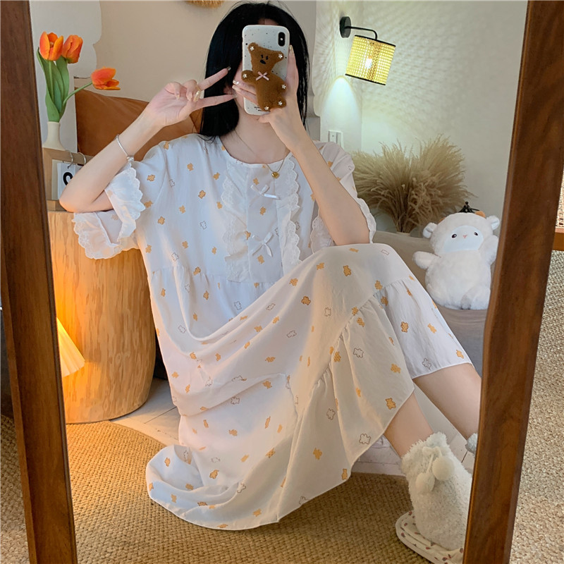 Nightgown Women's Summer Clouds Cotton Yarn Short-sleeved Thin Sweet Cute Princess Style plus size Pregnant Women's Home Clothes dress Nightgown Women's Summer Clouds Cotton Yarn Short-sleeved Thin Sweet Cute Princess Style plus size Pregnant Women's Home Clothes dress