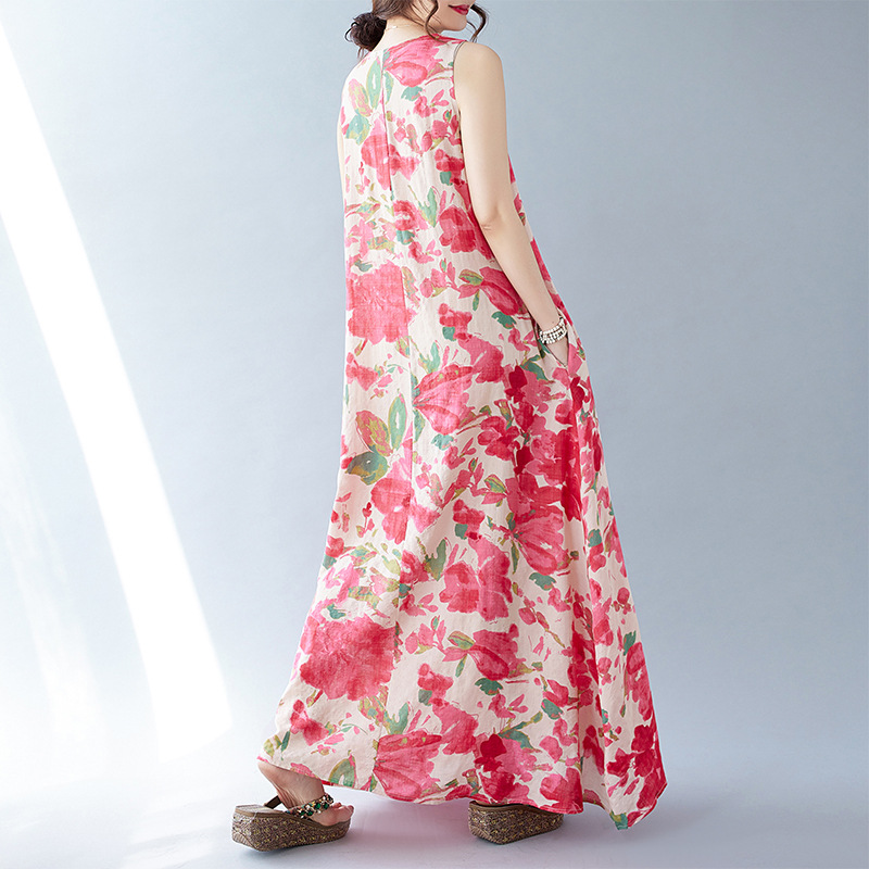 Real Shot Of The 2024 Summer New Bohemian Artistic Loose Sleeveless Round-neck Printed Mid-length Dress For Women_ecoleips.com