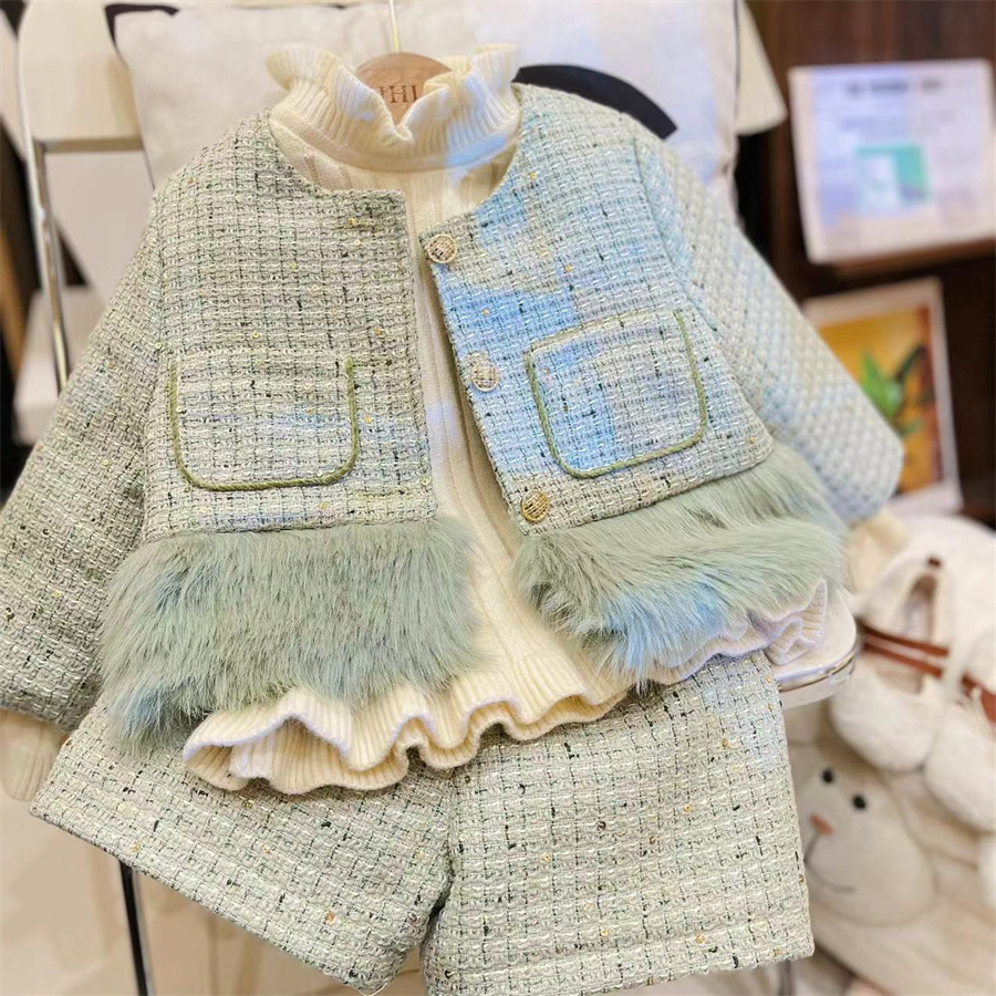 新品女童呢子两件套2024冬季童装小香风时髦气质编织夹棉童装套装
