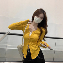 黄色长袖针织开衫t恤女夏季小众设计感修身显瘦别致独特短款上衣