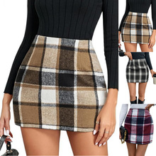 跨境亚马逊欧美秋冬格纹休闲短裙女式格子裙高腰铅笔紧身包臀迷你