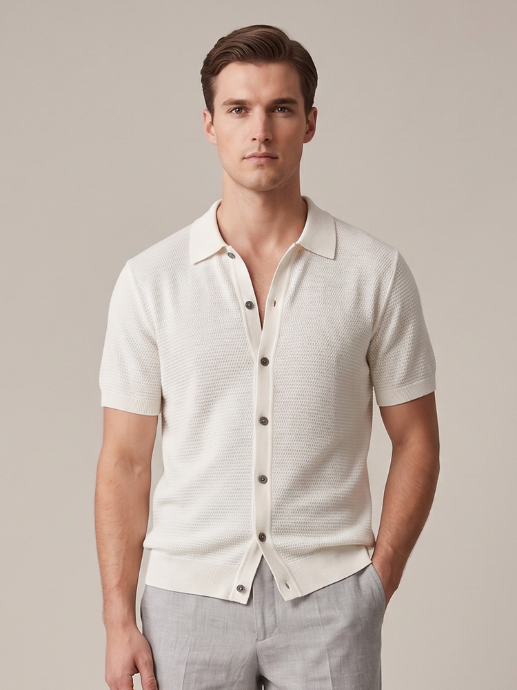 Men's cross-border Italian old money style collared button-up cardigan T-shirt, summer linen blend solid color knit top
