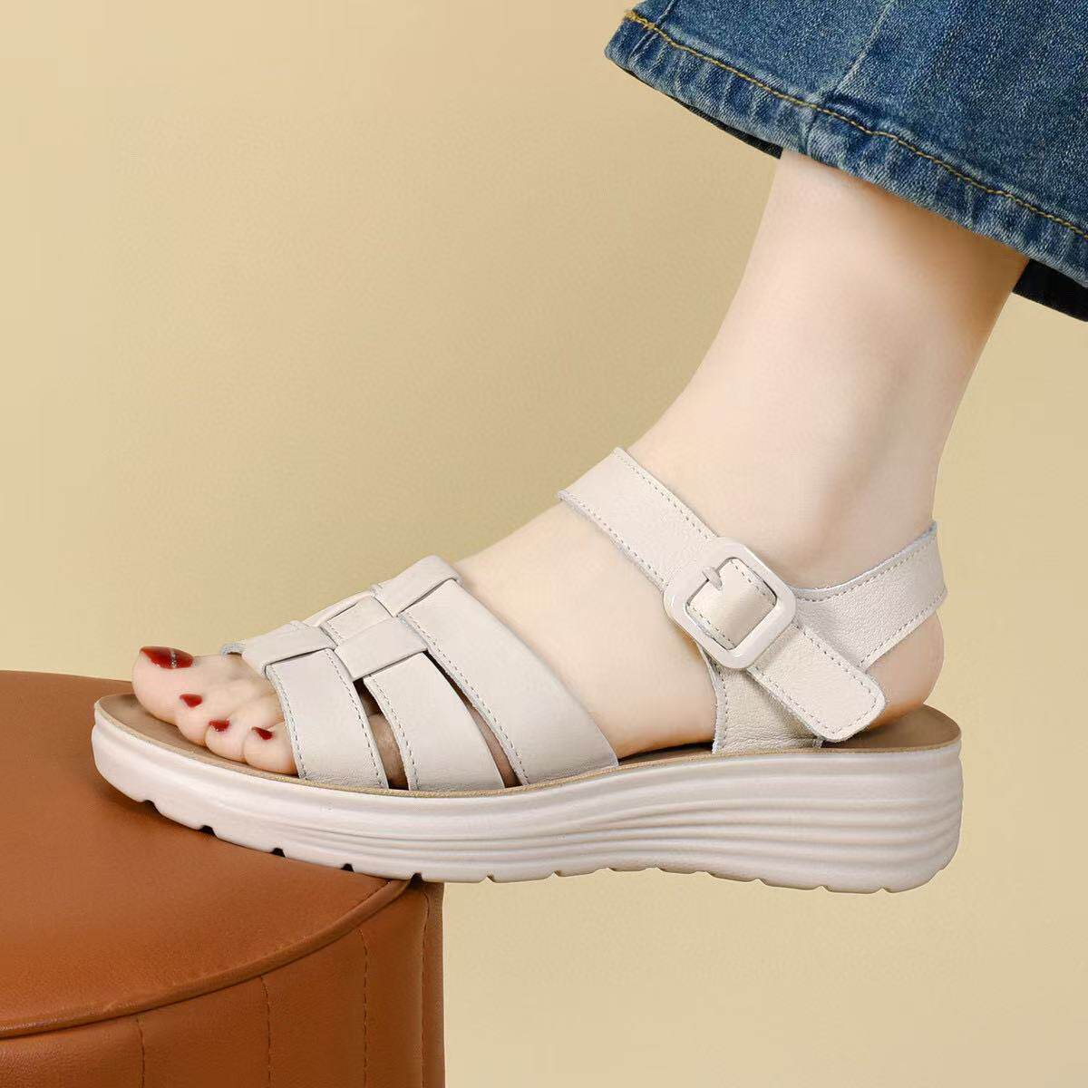 Sandal nữ hở mũi đế xuồng da thật gót thấp mềm phong cách cơ bản — màu đen chi tiết 5