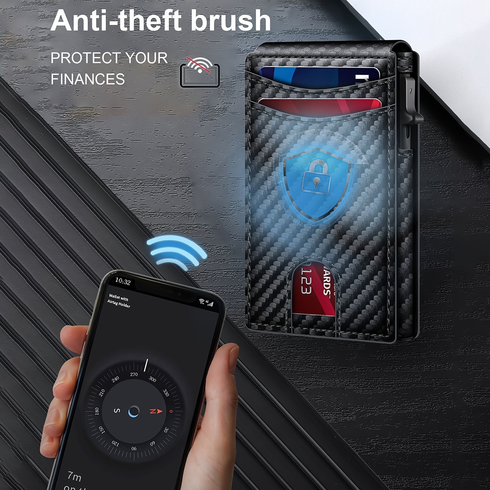 Cartera de hombre con múltiples tarjetas de empuje lateral transfronterizo, caja de tarjeta plegable de doble pliegue de fibra de carbono, billetera de seguimiento de cepillo antirrobo