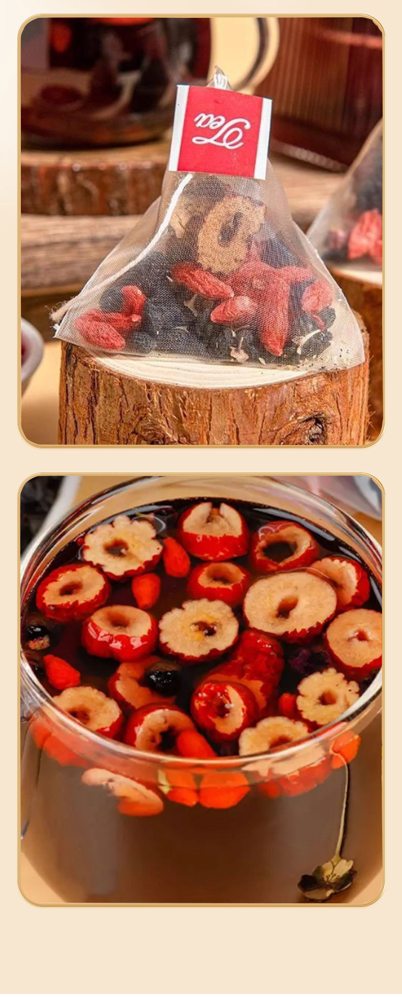 Black Red Goji Mulberry Tea Sang Shen Cha 30 Triangle Tea Bags Cold Brew Daily Wellness Tea 210g in use