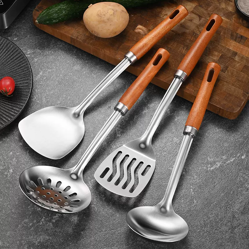 不锈钢木柄厨具套装家用厨房砂光工艺炒菜锅铲汤勺烹饪漏勺饭勺