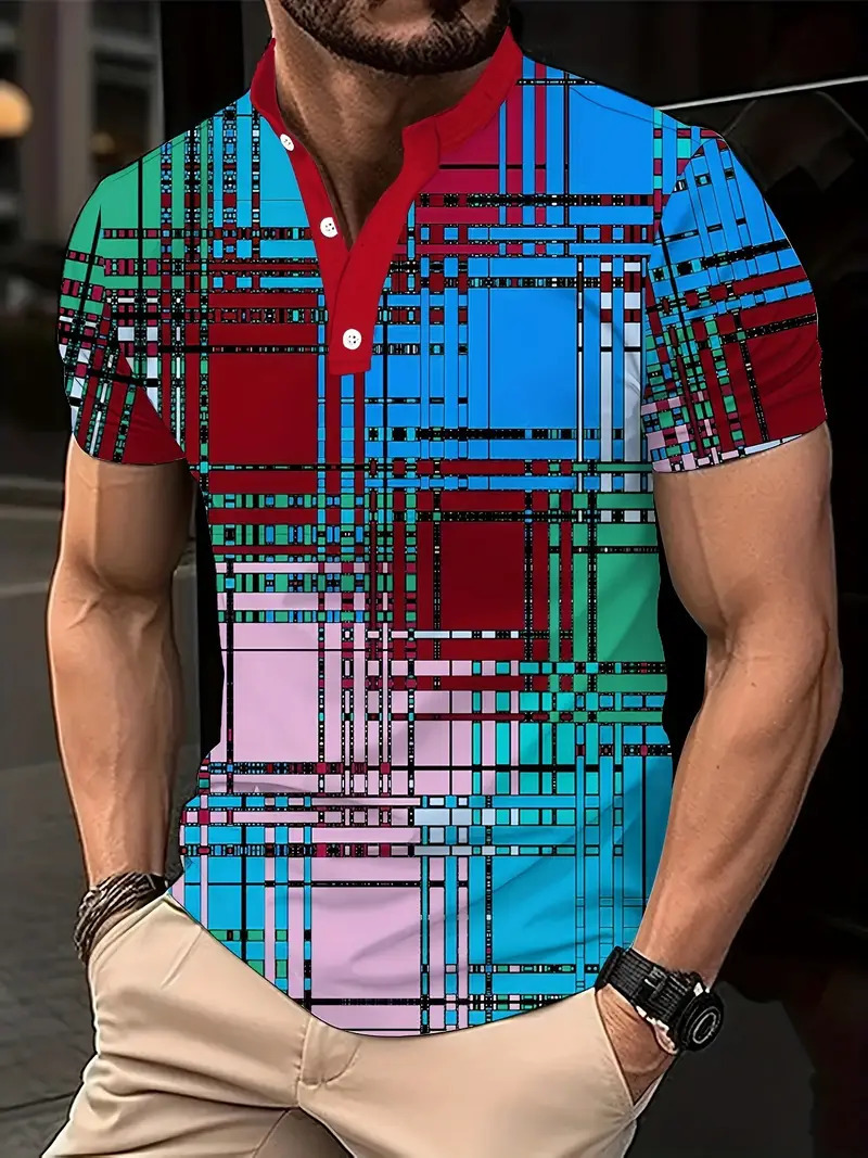 Nuevo estilo transfronterizo de verano 3d geométrico cubo estampado cuello alto botón de manga corta polo playa casual ME13