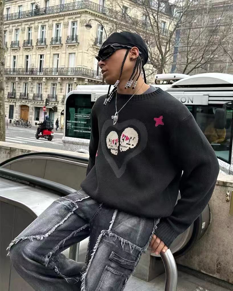 ​Streetwear Halloween Strickpullover – Übergroßer Unisex-Pullover mit Geister- und Sternenstickerei​_voghion.com