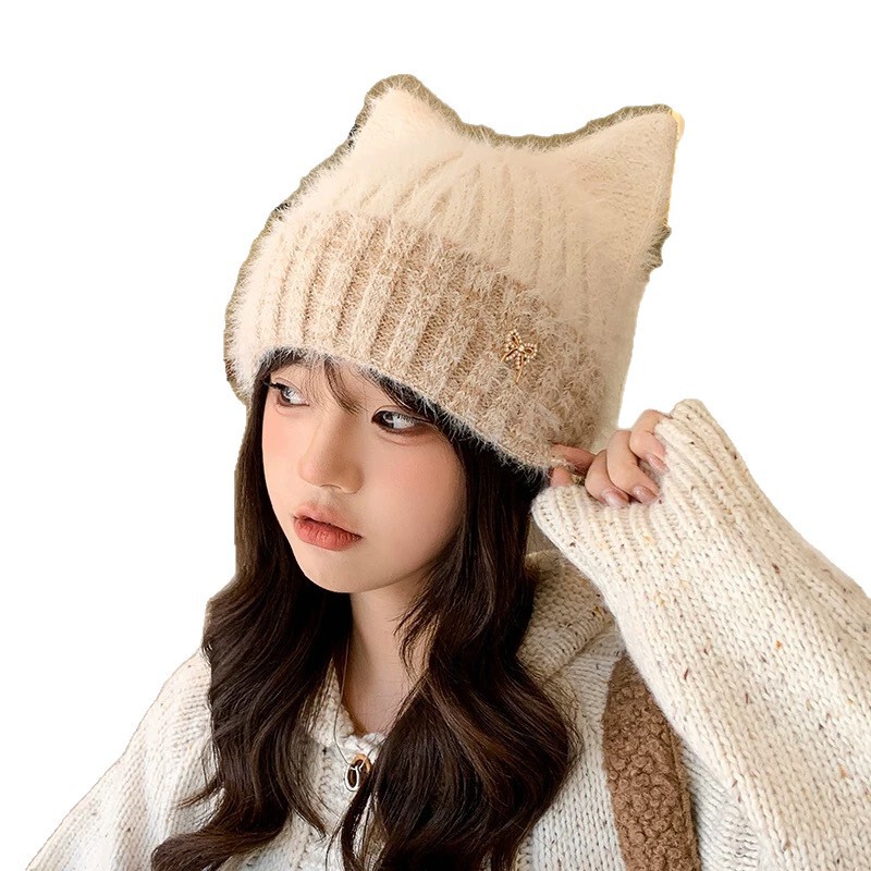 可爱毛线帽子女秋冬超萌韩版猫耳朵女生针织套头帽保暖毛绒帽冷帽|undefined