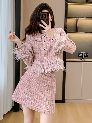 Socialite temperament tweed small fragrant suit 2023 new style gold dress two-piece set