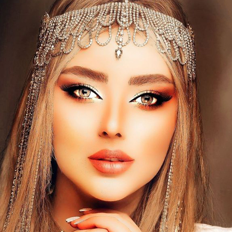 AliExpress Venta caliente ZIRCON Cadena de pelo europeo y americano multi-capa borla rhinestone colgante frente cadena accesorios para el cabello tocado