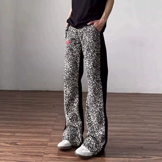 工厂直销豹纹微喇设计感高级叠堆视觉显高显瘦男女情侣牛仔裤