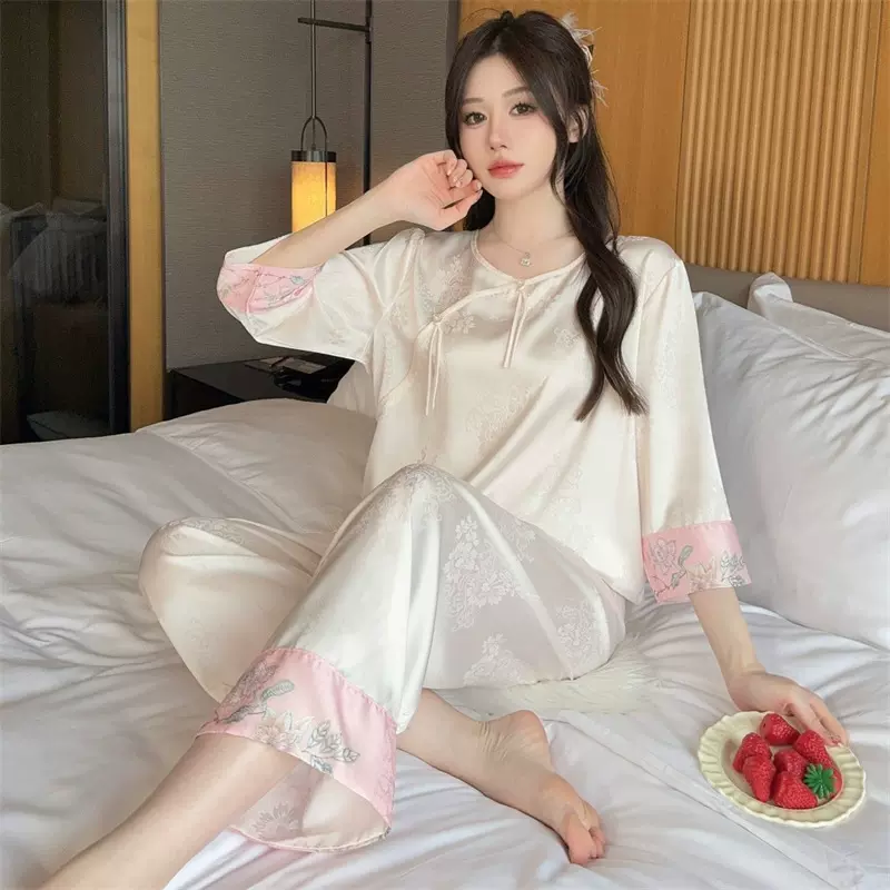 春秋季新款睡衣女冰丝印花提花长袖圆领古风可外穿家居服批发代发