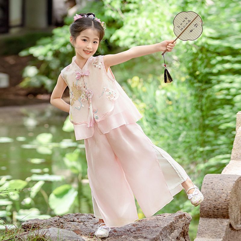 2025 新しい女の子の新しい中国風スーツ夏スーパー妖精国民風刺繍ノースリーブエレガントな漢服子供のツーピースセット|undefined
