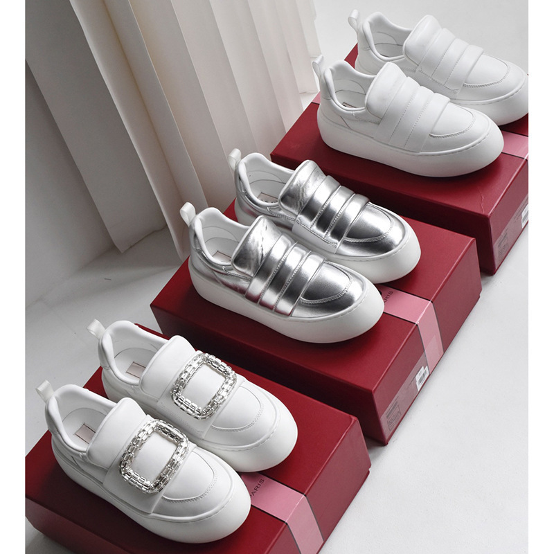 European and American Square Buckle Rhinestone Thick-Soled White Shoes for Women Genuine Leather Fashion Casual Women's Shoes Platform Slip-On Puff Loafers European and American Square Buckle Rhinestone Thick-Soled White Shoes for Women Genuine Leather Fashion Casual Women's Shoes Platform Slip-On Puff Loafers