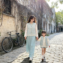 现货中国风亲子装一家三口秋季唐装全家母女衬衫马夹新中式两件套