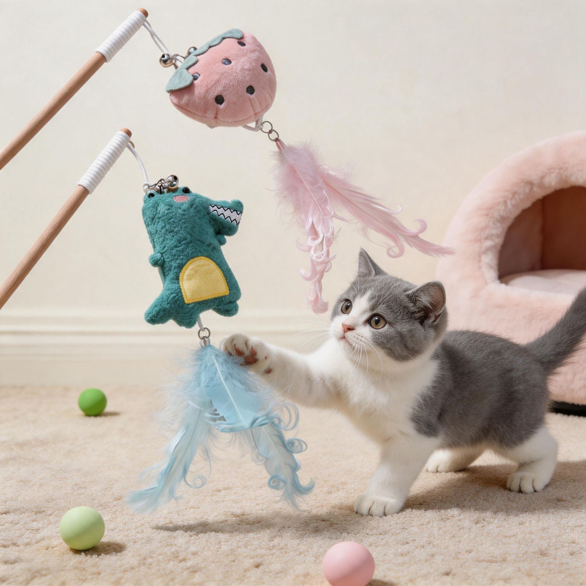 跨境逗猫棒批发恐龙羽毛逗猫杆自嗨啃咬木天蓼猫咪玩具造型宠物猫