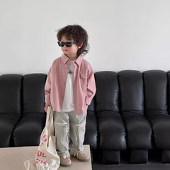 兒童襯衫2024年春季男童新款簡約上衣中小童韓版圓袋蓋襯衫百搭潮