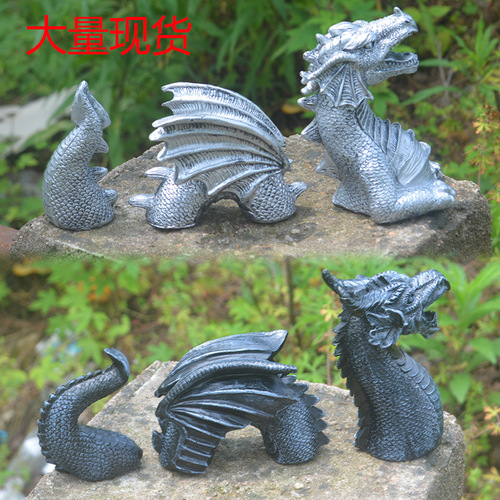 Cross-border hot-selling new product outdoor courtyard black and silver three-section dragon resin crafts micro landscape statue art ornaments