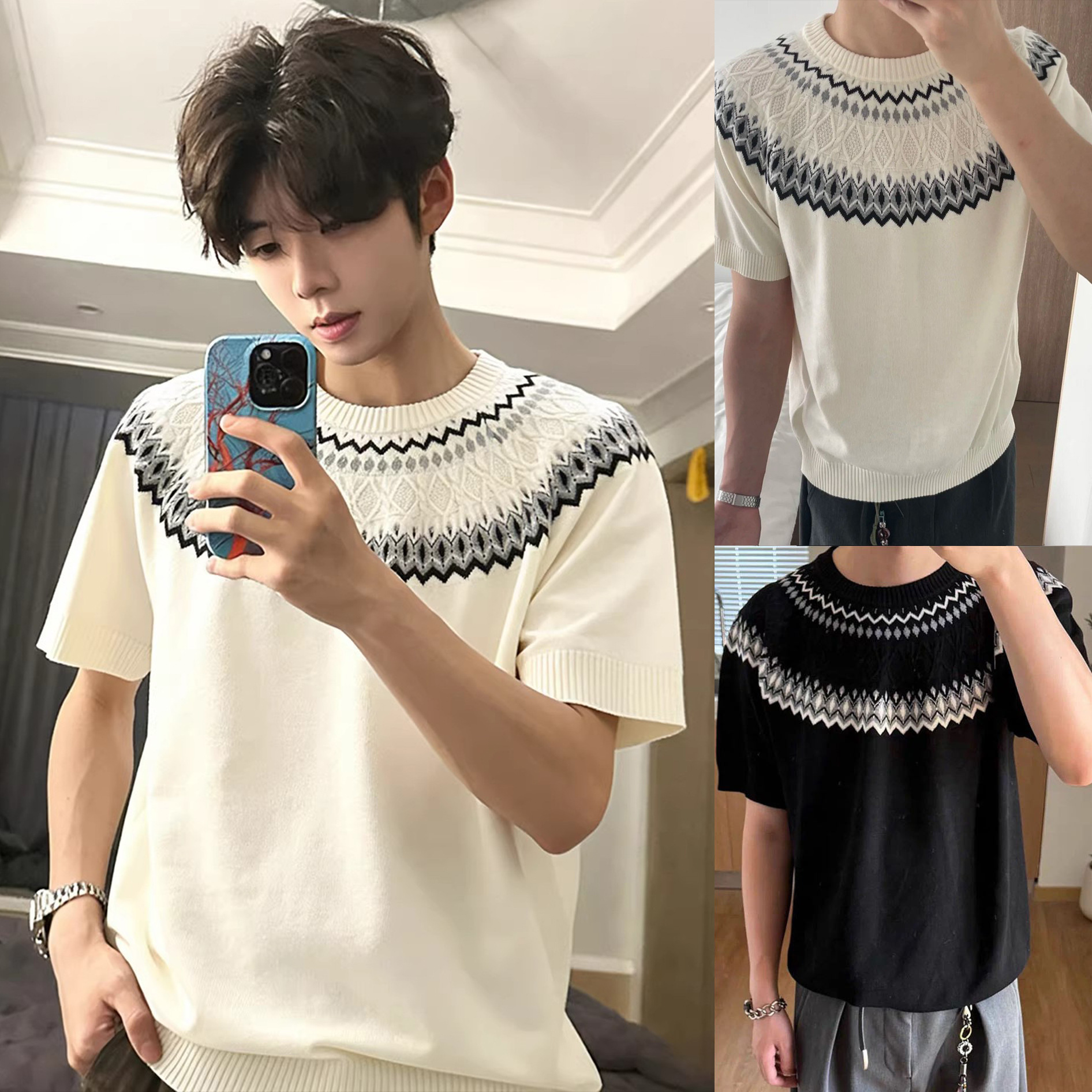 Isla de Fair camiseta de punto de manga corta camiseta de cuello redondo jacquard hombre viejo estilo casual hielo de verano fábrica transfronteriza mayorista