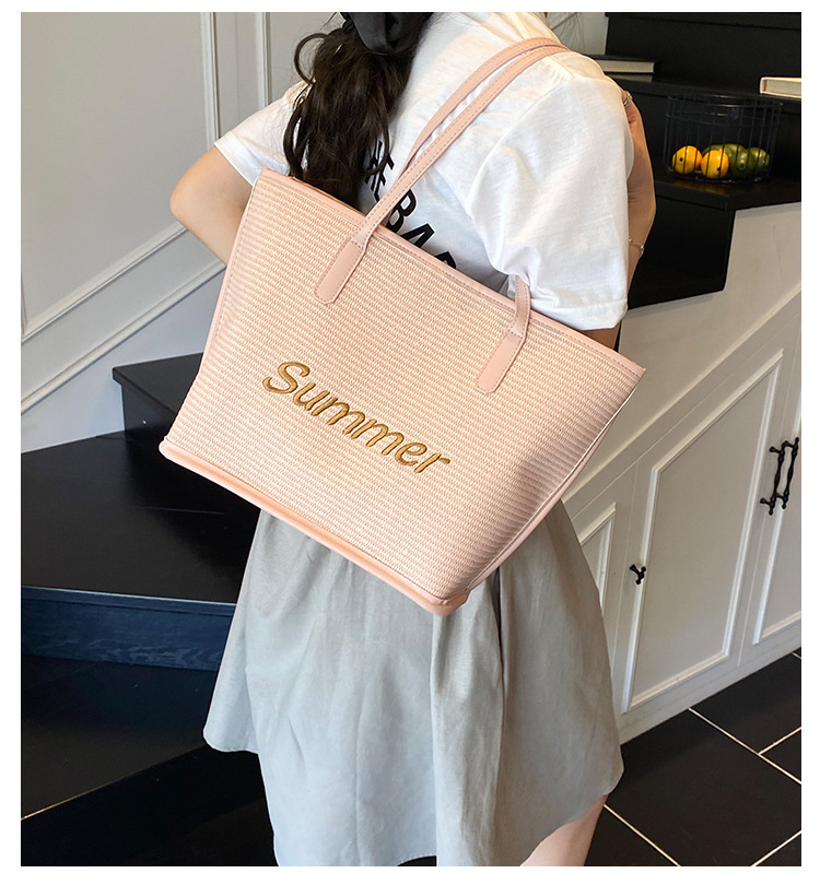 Straw woven letter large-capacity bag 2025 single-shoulder large bag for women, new beach woven summer Korean-style tote bag full figure