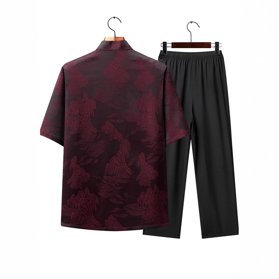 Chinese Style Dad's Large Size Silk Tang Suit Men's Short-Sleeved Suit for Middle-Aged and Elderly People Plus Fat and Loose Grandpa Summer Suit