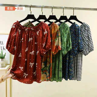 一字领绵绸短袖上衣夏季宽松人造棉碎花t恤大码显瘦泡泡袖打底衫