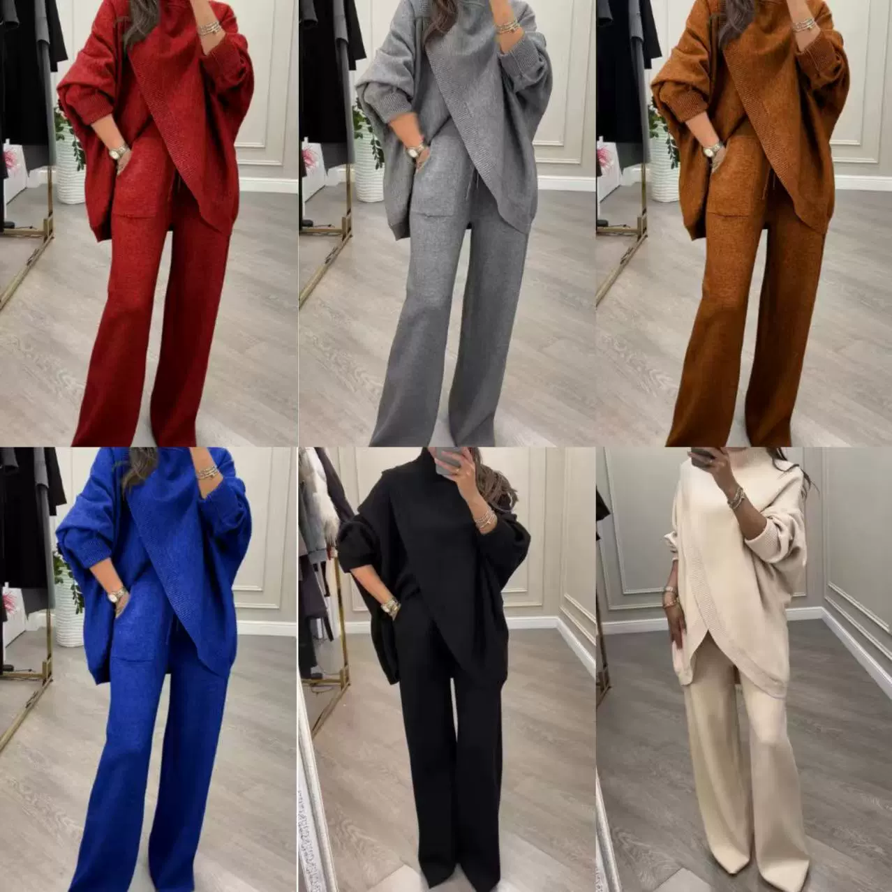 2025 трансграничный осенний новый новый европейский и американский амазонский женский сплошной цвет V-образный вырез однобортный вязаный трикотаж из двух частей