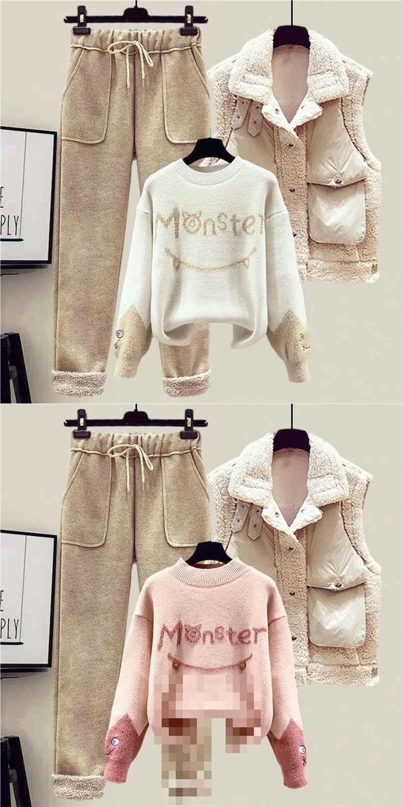 ChicShe Plus Size Damen Herbst/Winter Anzug, dreiteiliges Set aus neuer Lammwolle, bestehend aus Weste, figurformendem Strickpullover und Freizeithose_voghion.com