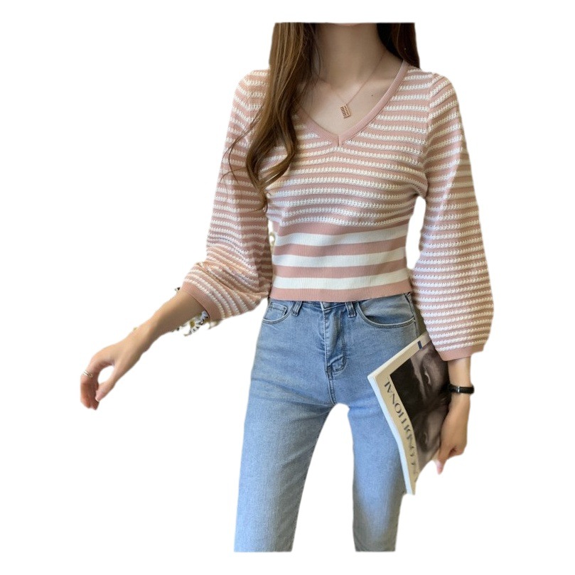 Nuevas prendas de punto para mujer nuevo suéter de estilo chino que toca fondo jersey de rayas horizontales estilo hermana real superior otoño e invierno mujer de gama alta image 1