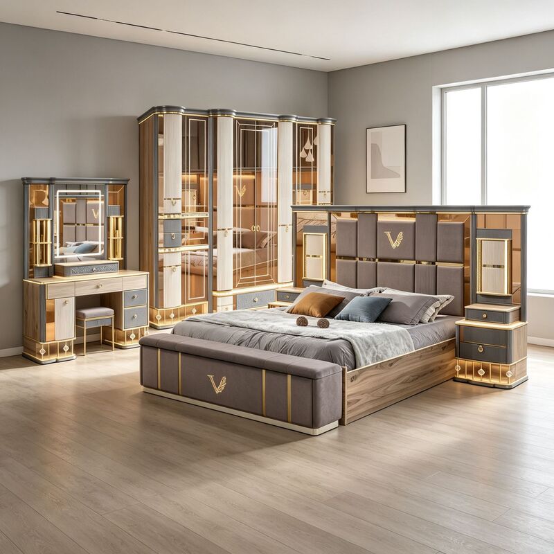 NMM318 Luxurious European-style bedroom furniture set, upholstered king-size bed, large-capacity glass-door wardrobe NMM318 Luxurious European-style bedroom furniture set, upholstered king-size bed, large-capacity glass-door wardrobe