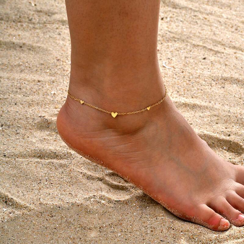 Jewelry Fashion Stainless Steel Flat Cross Chain Heart-Shaped Gold Anklet for Women Hualanxin 217