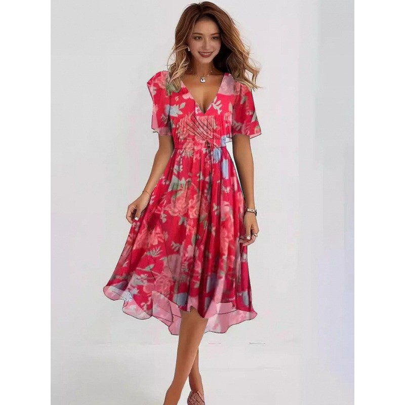 2025 Foreign Trade Chiffon Printed Lining Women's Sexy Elegant Comfortable Casual Mature V-Neck Dress European and American Style
