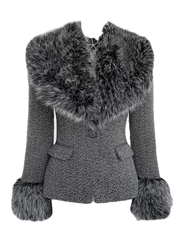 Chaqueta de Traje con Cuello de Piel de Poliéster, Manga Larga