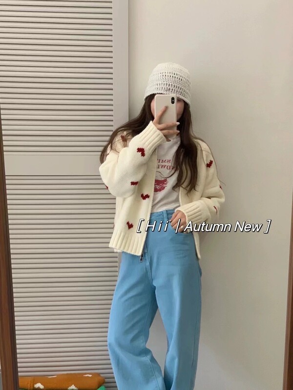 韩系2025秋冬新款厚实拉链针织开衫女圆领爱心提花女式毛衣外套潮|undefined