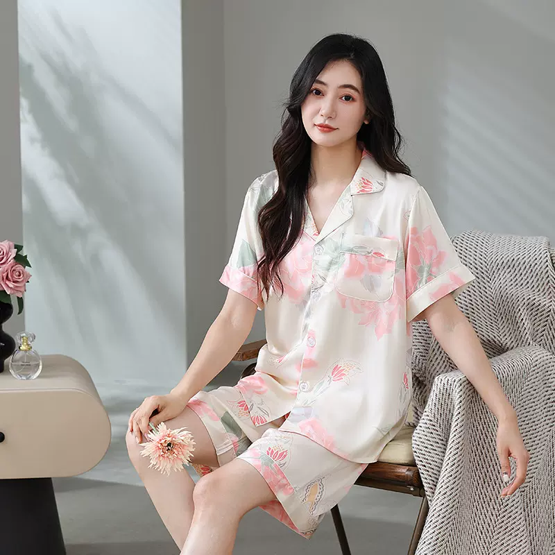 冰丝缎睡衣女夏短袖短裤仿真丝衣服女装套装轻薄大码可外穿家居服