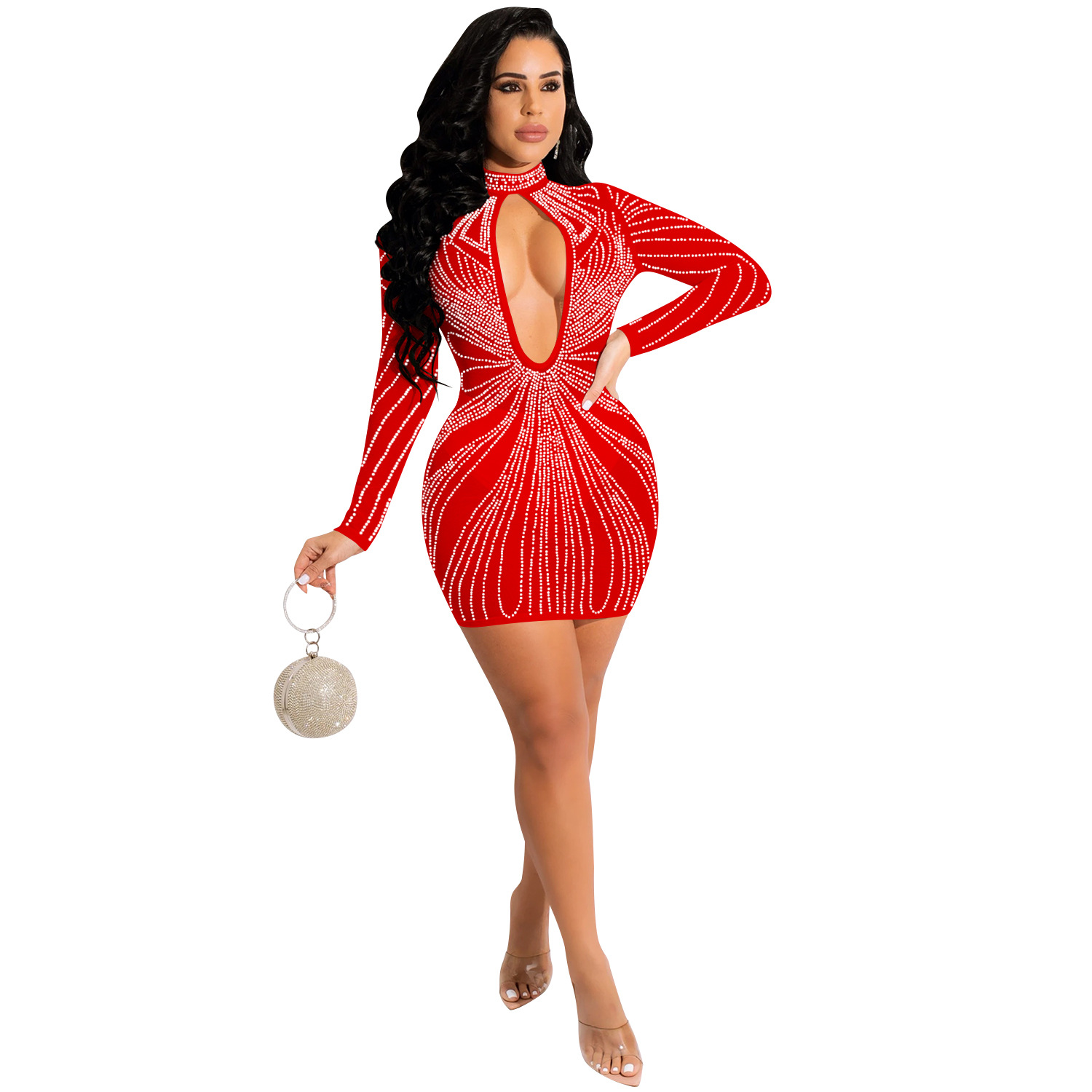 X5565 AliExpress Amazon moda nuevo club nocturno caliente rhinestone malla transparente manga larga hueco vestido MIDI image 6