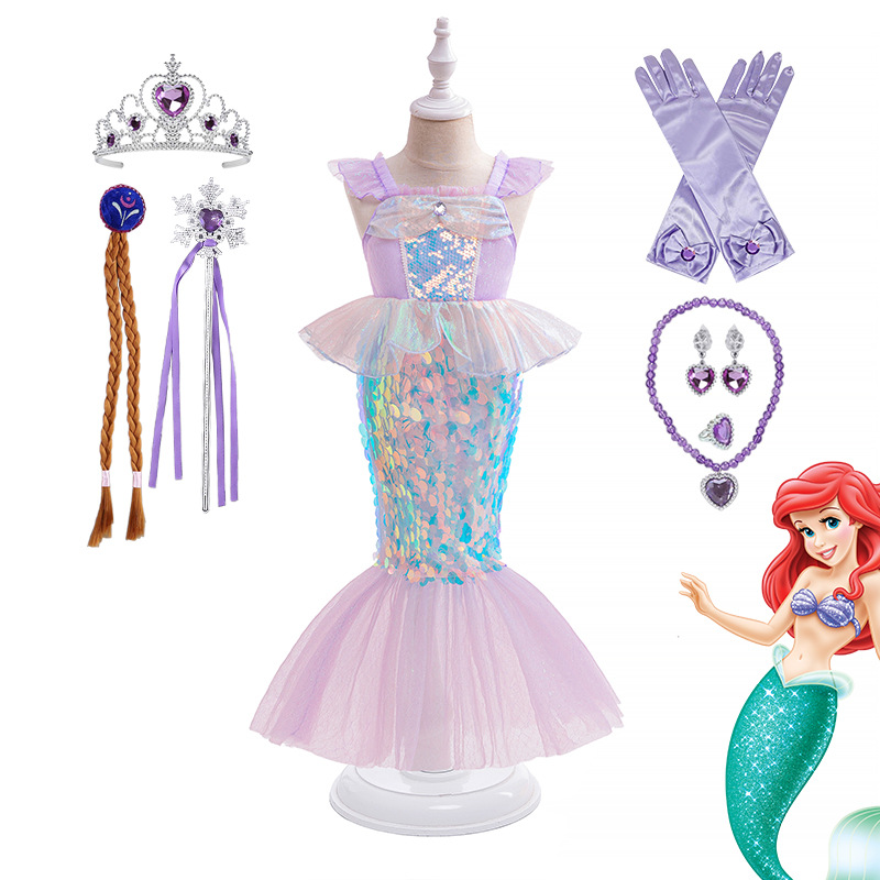 Sirena Ariel vestido de princesa sirena Ji vestido de cola de pez vestido de lentejuelas para niños vestido de fiesta COS