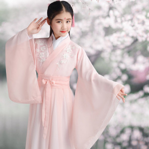 Kids girls pink Hanfu chinese ancient folk costumes fairy dress chinese dress cosplay elegant ancient Ru skirt fairy jin big big sleeve unlined upper garment