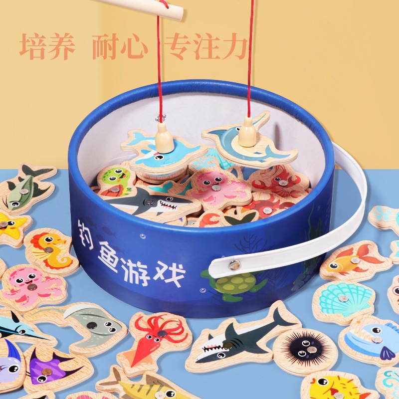 Marine wooden children's cognitive magnetic fishes for fishing